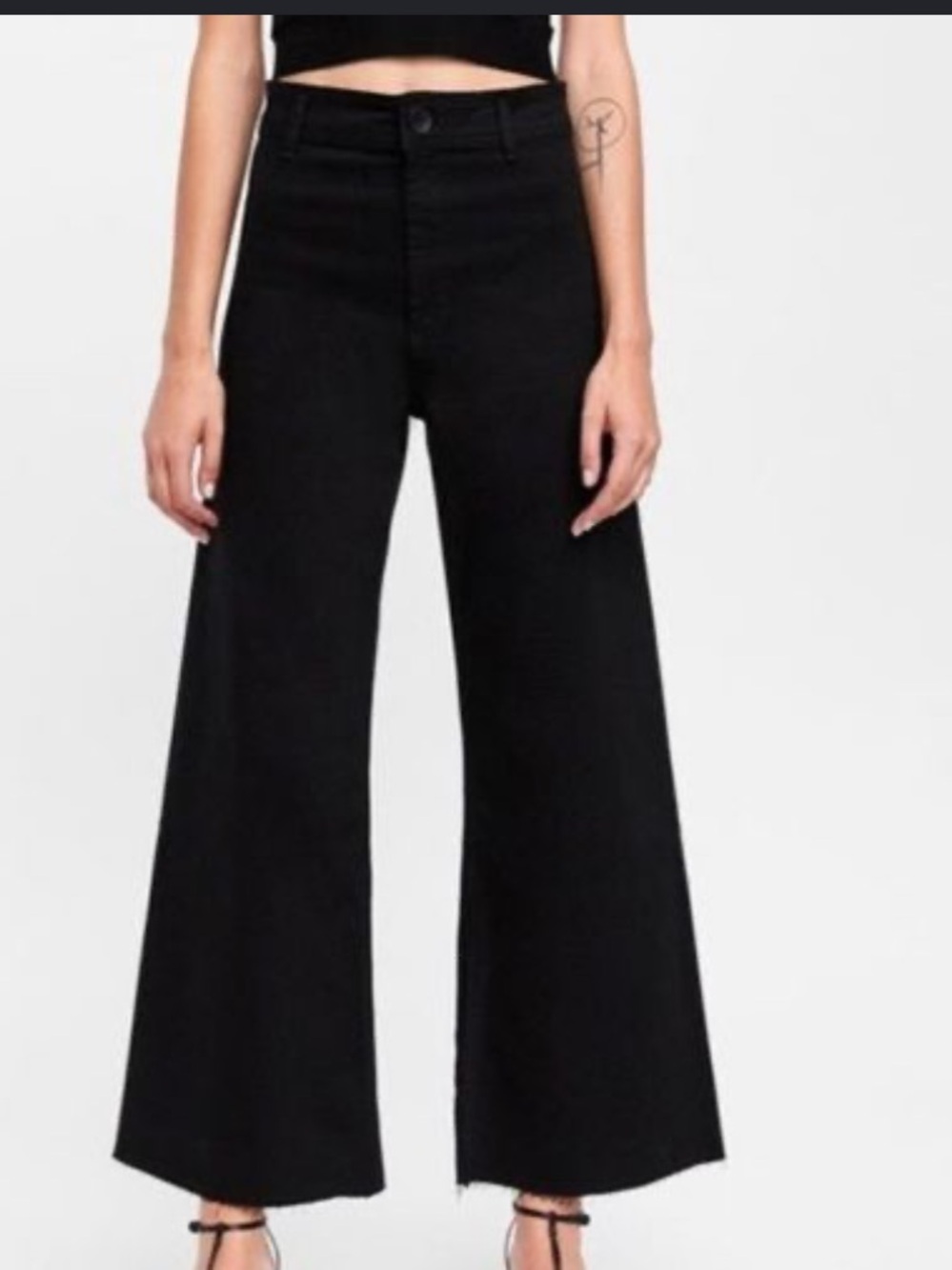 Zara Marine Sailor Jeans Womens 4 Black High Rise Wide Leg Raw Hem Denim Fringe